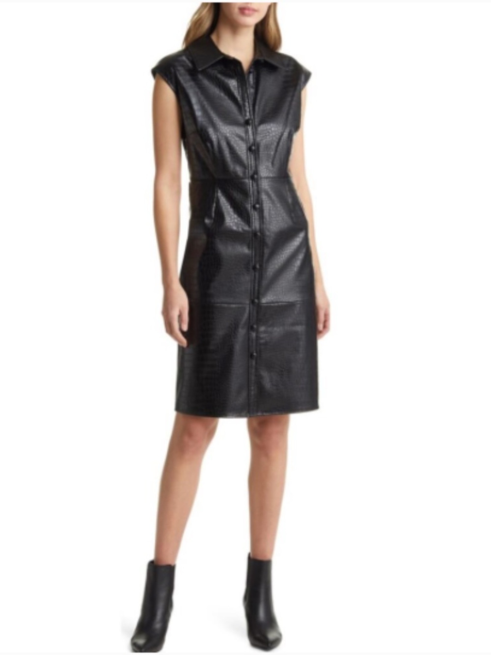 Halogen Croc Embossed Button Down Faux Leather Black Sleeveless Shirtdress Small